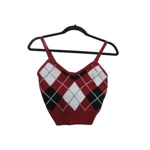 Fashion Red Diamond‎ Plaid Crop Knit Top Womens sz S Boho Cottagecore Streetwear